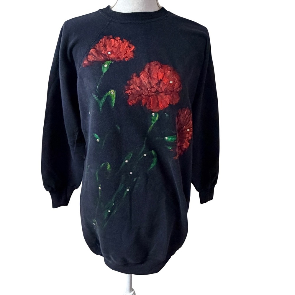 Vintage Black Floral Rhinestone Sweatshirt Red‎ Pullover Cottagecore Size M
